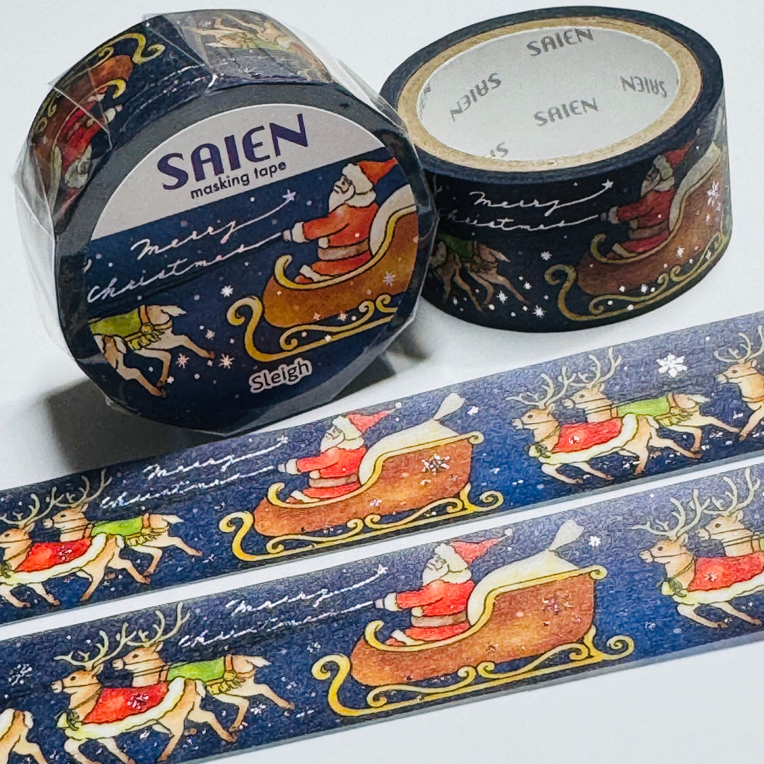 SANTA'S SLEIGH And REINDEERS Christmas Saien Silver Foil Masking Washi Tape ~ 1 Roll ~ 20mm x 5m (16 Feet)