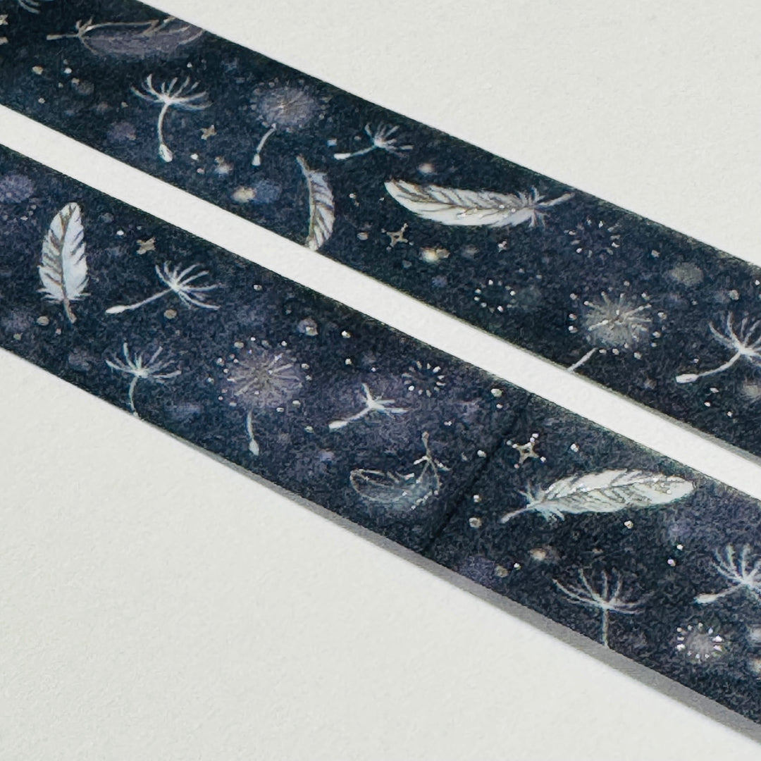 FEATHERS FLOATING THROUGH SPACE SILVER Foil Saien Masking Washi Tape ~ 1 Roll ~ 15mm x 7m (23 Feet)