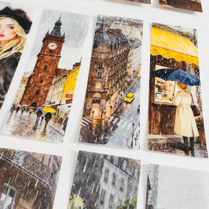 RAINY DAY GIRL In The City Ephemera Sticker Pack ~ 25 Pieces ~ 30mm x 95mm