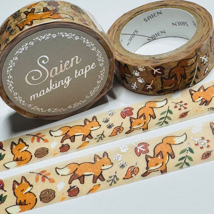 LITTLE FOXES In Silver Foil Saien Masking Washi Tape ~ 1 Roll ~ 15mm x 7m (23 Feet)