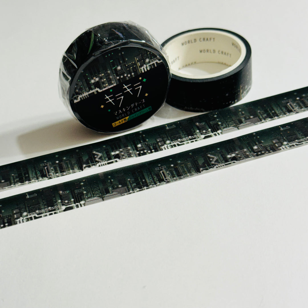 CITY SKYLINE At NIGHT in Gold & Green Foiling World Craft Washi Tape ~ 1 Roll ~ 15mm x 5m (16 Feet)