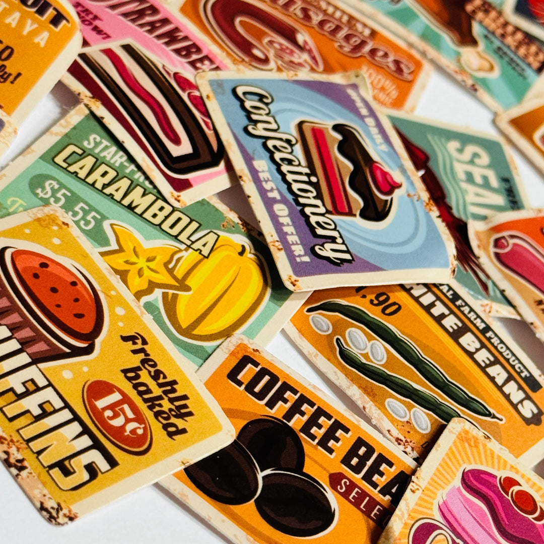 VINTAGE RETRO GROCERY FOOD Advertising Peelable Stickers  ~ 45 Pieces ~ Each Sticker is 38mm x 38mm