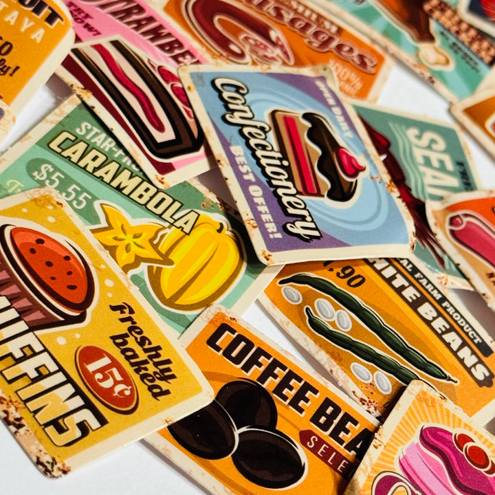 VINTAGE RETRO GROCERY FOOD Advertising Peelable Stickers  ~ 45 Pieces ~ Each Sticker is 38mm x 38mm