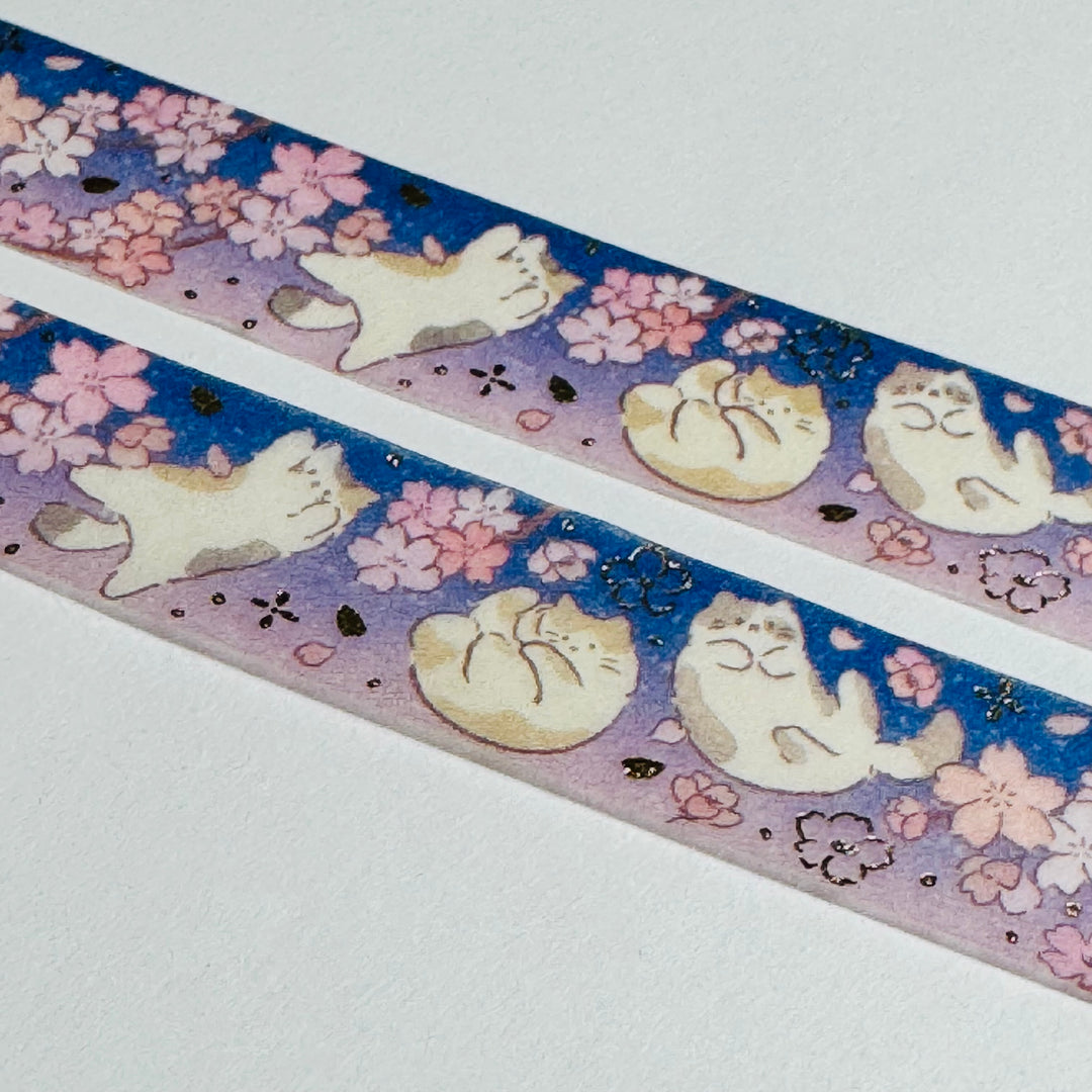 CATS ENJOYING SPRING SAKURA Gold Flower Saien Masking Washi Tape ~ 1 Roll ~ 15mm x 7m (23 Feet)