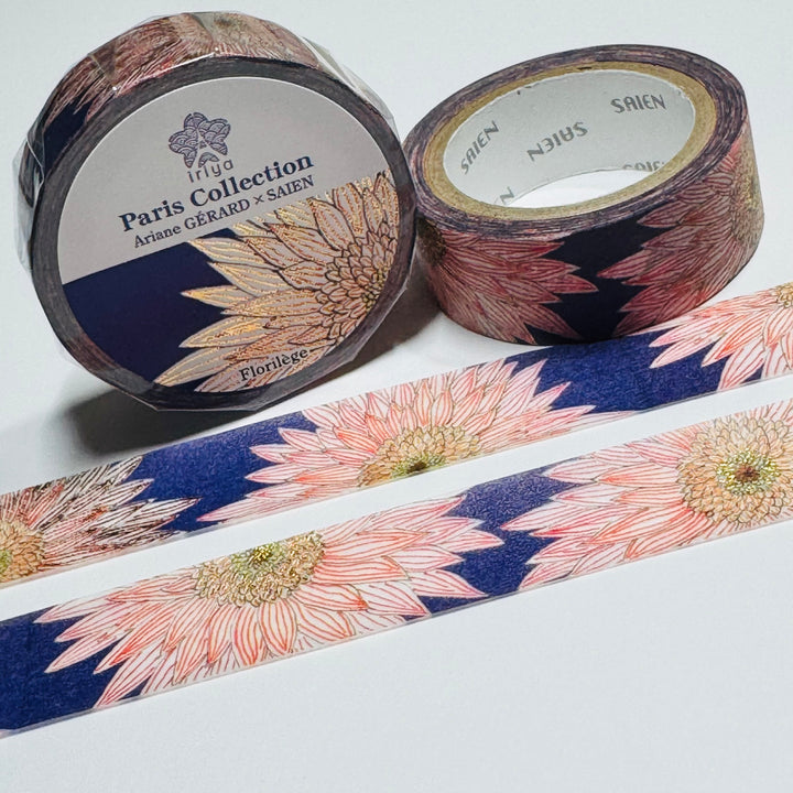 FLORILEGE GOLD FOIL CHRYSANTHEMUM Paris Collection Saien Washi Tape ~ 1 Roll ~ 15mm x 7m (23 Feet)