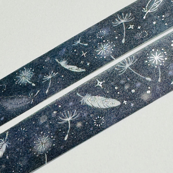 FEATHERS FLOATING THROUGH SPACE SILVER Foil Saien Masking Washi Tape ~ 1 Roll ~ 15mm x 7m (23 Feet)