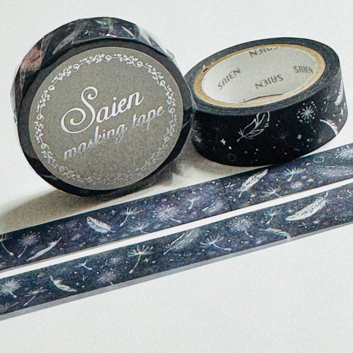 FEATHERS FLOATING THROUGH SPACE SILVER Foil Saien Masking Washi Tape ~ 1 Roll ~ 15mm x 7m (23 Feet)