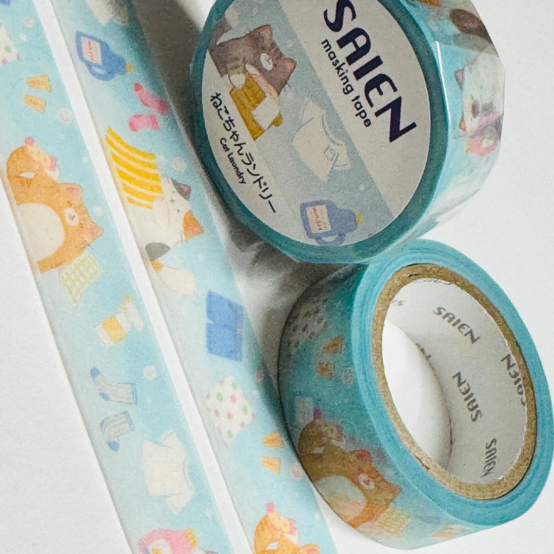 CAT LAUNDRY DAY Saien Masking Washi Tape ~ 1 Roll ~ 15mm x 7m (23 Feet)