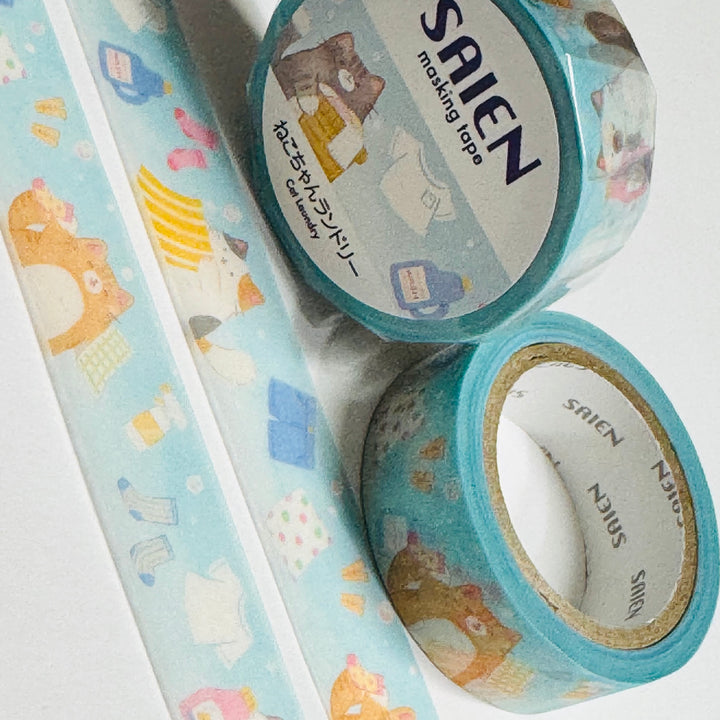 CAT LAUNDRY DAY Saien Masking Washi Tape ~ 1 Roll ~ 15mm x 7m (23 Feet)
