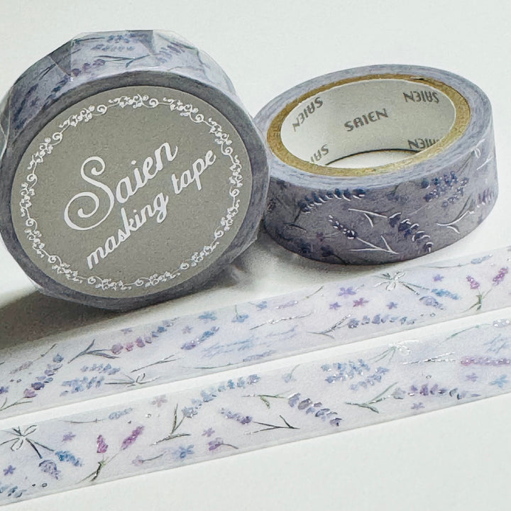 SILVER LAVENDER FLOATING FRONDS Floral Foil Saien Masking Washi Tape ~ 1 Roll ~ 15mm x 7m (23 Feet)