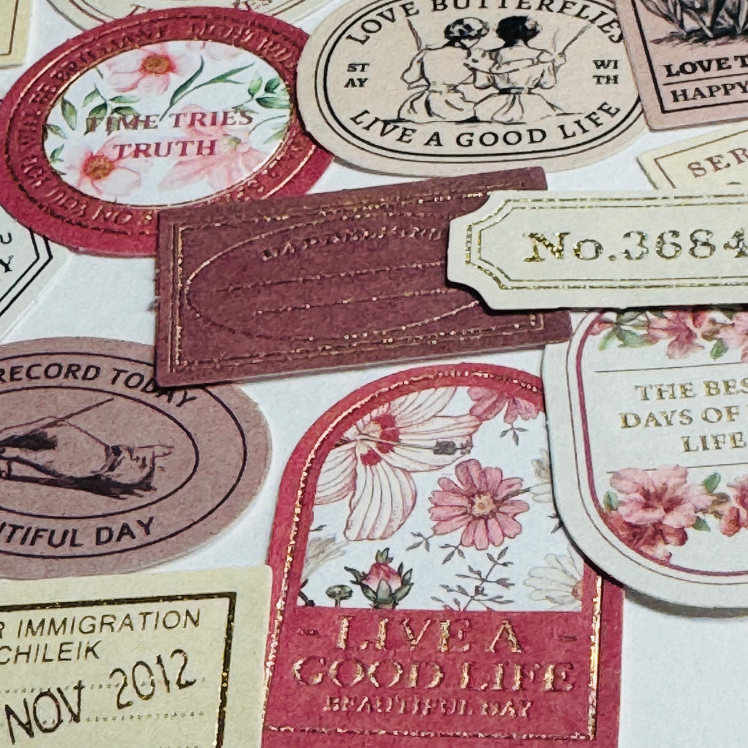 RECORD MY LIFE MOMENTS Gold Foil Label Stickers Box ~ 40 Stickers ~ 46-57mm Each