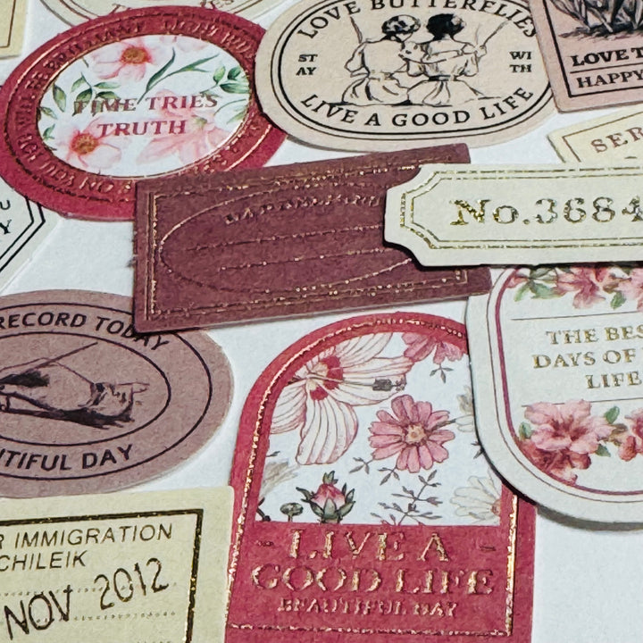 RECORD MY LIFE MOMENTS Gold Foil Label Stickers Box ~ 40 Stickers ~ 46-57mm Each