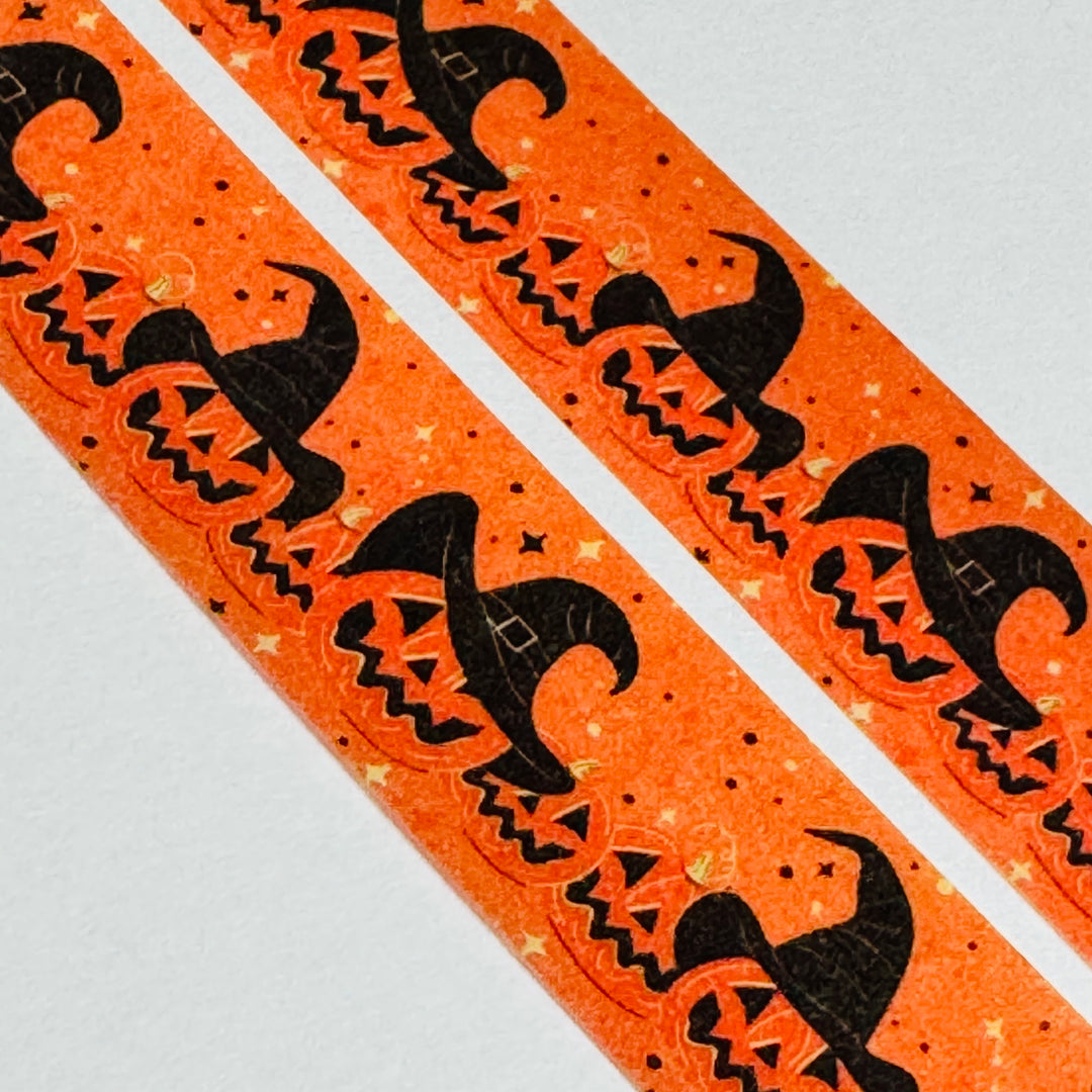 JAUNTY JACK-O-LANTERNS In WITCH HATS Halloween Washi Tape ~ 1 Roll ~ 15mm x 10m (33 Feet)