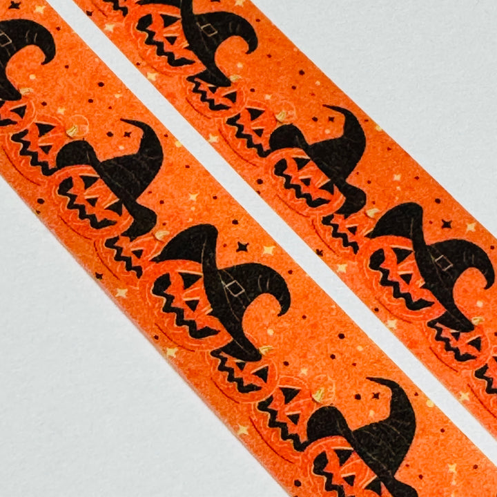 JAUNTY JACK-O-LANTERNS In WITCH HATS Halloween Washi Tape ~ 1 Roll ~ 15mm x 10m (33 Feet)