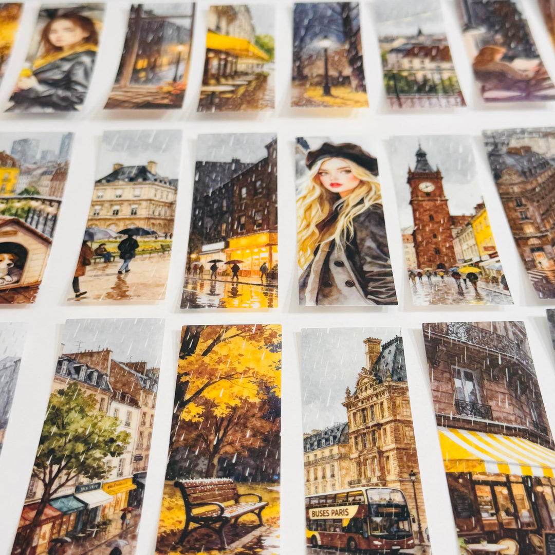 RAINY DAY GIRL In The City Ephemera Sticker Pack ~ 25 Pieces ~ 30mm x 95mm