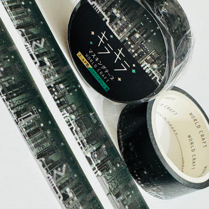 CITY SKYLINE At NIGHT in Gold & Green Foiling World Craft Washi Tape ~ 1 Roll ~ 15mm x 5m (16 Feet)