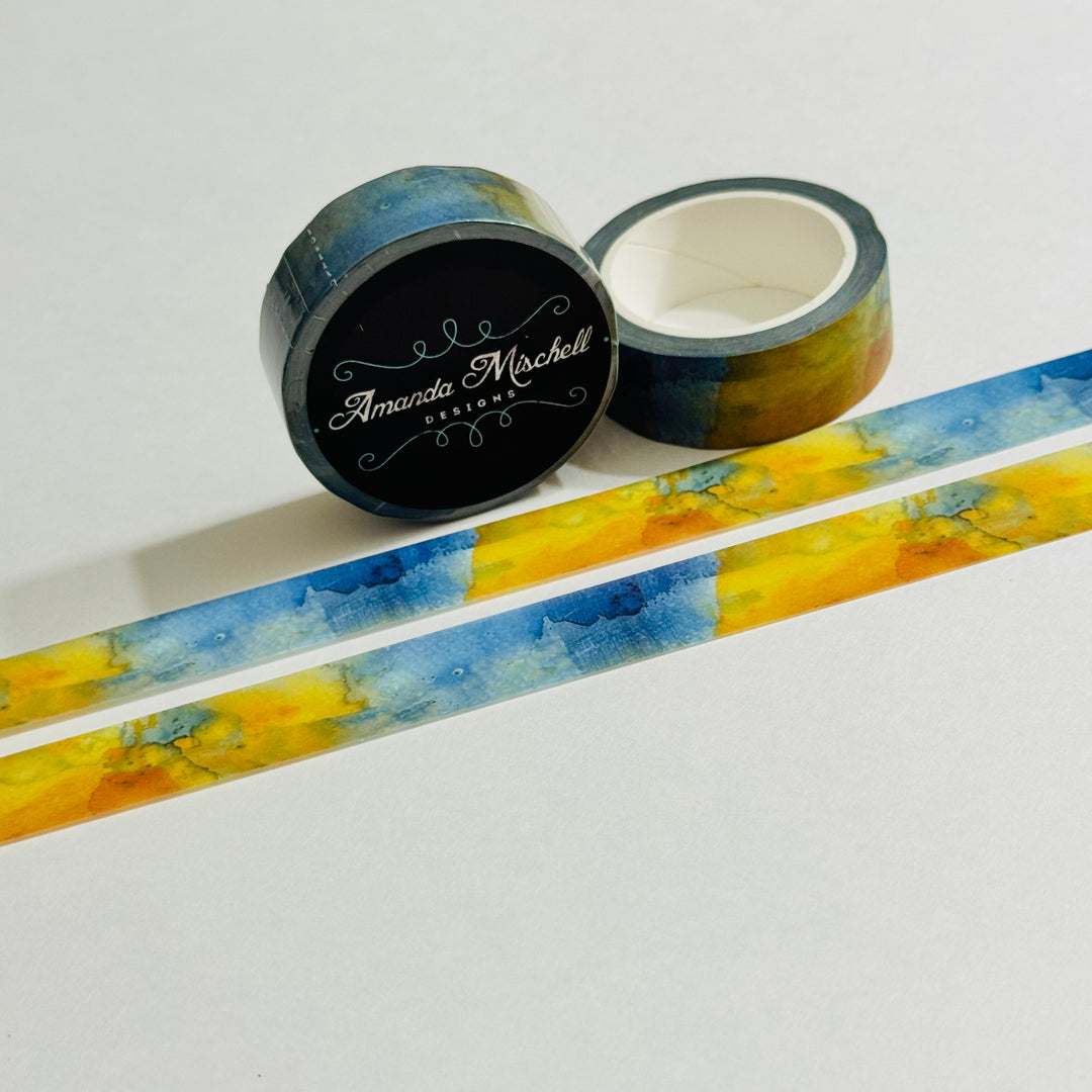 WATERCOLOR BLURRED FLOWERS Blue & Yellow Washi Tape - 1 Roll - 15mm x 10m (33 Feet)
