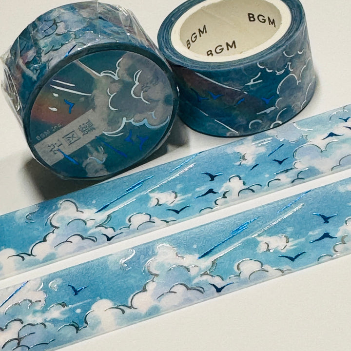 RAINBOWS And CLOUDS With Blue and Silver Foil by BGM Washi Tape ~ 1 Roll ~ 20mm x 5m (16 Feet)