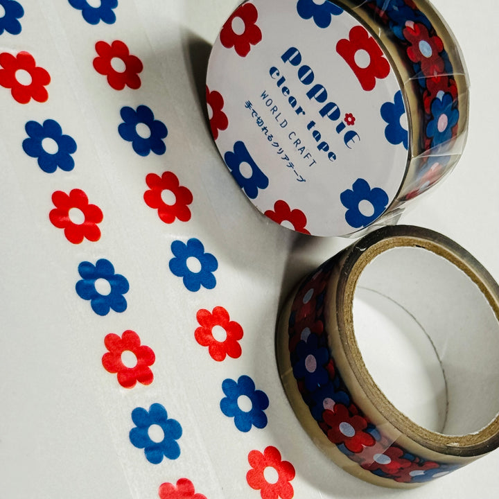 PATRIOTIC RED & BLUE Flowers World Craft Clear Washi Tape ~ 1 Roll ~ 15mm x 5m (16 Feet)