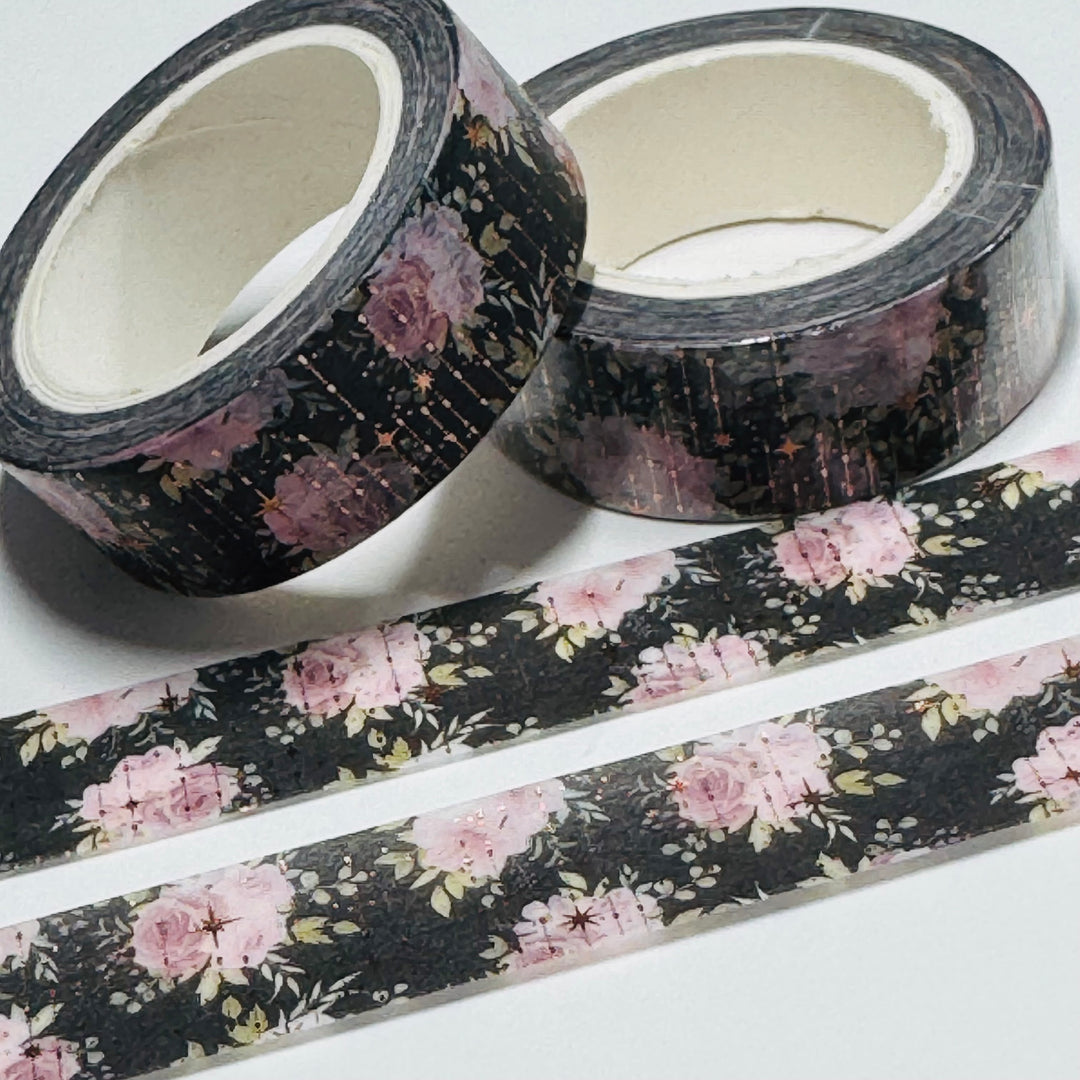 PINK ROSES SPARKLES Gold Foil Overlay Washi Tape ~ 1 Roll ~ 15mm x 10m (33 Feet)