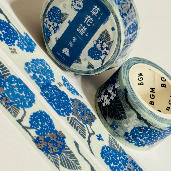 PERIWINKLE BLUE Hydrangeas Silver Foil Washi Tape Designed By BGM ~ 1 Roll ~ 20mm x 5m (16 Feet)