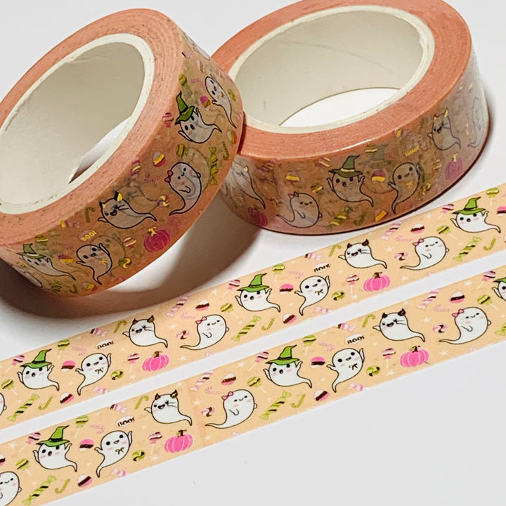 TRICK OR TREATING GHOSTS In Peach & Gold Foil Halloween Washi Tape ~ 1 Roll ~ 15mm x 10m (33 Feet)