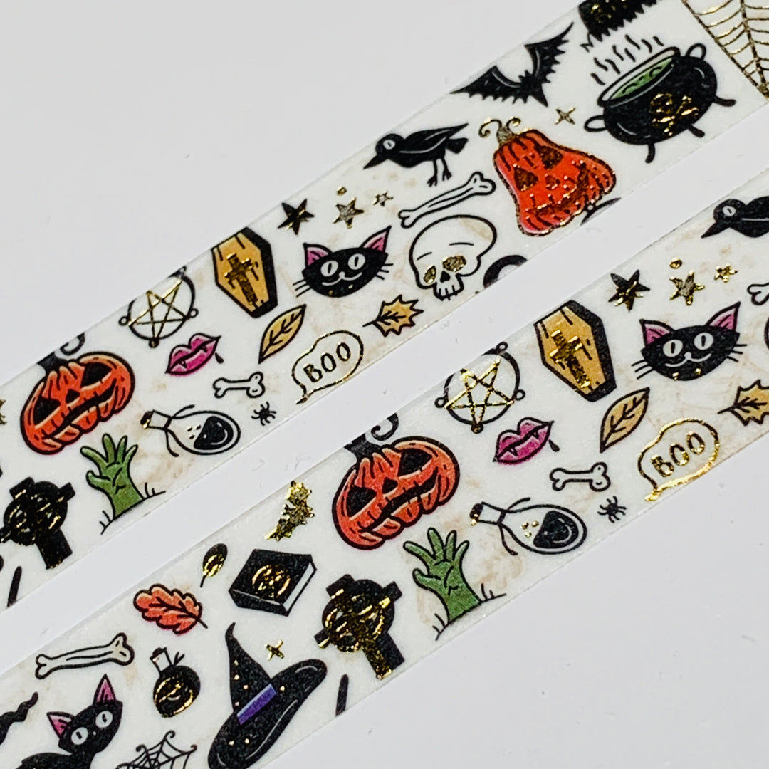 NOTABLE HALLOWEEN ICONS With Gold Foil Washi Tape ~ 1 Roll ~ 15mm x 10m (33 Feet)