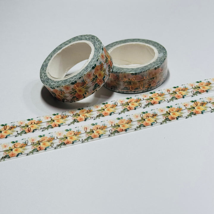 YELLOW ROSES I LOVE YOU Gold Foil Overlay Washi Tape ~ 1 Roll ~ 15mm x 10m (33 Feet)