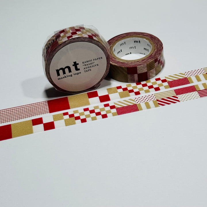 PATCHWORK RED & KHAKI Mt Washi Tape - 1 Roll - 15mm x 10m (33 Feet)