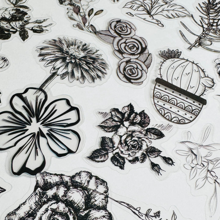 MONOCHROMATIC BLACK SKETCHED Flowers Transparent Peelable Sticker Ephemera Pack ~ 60  Pieces ~ Each Sticker is  20-50mm