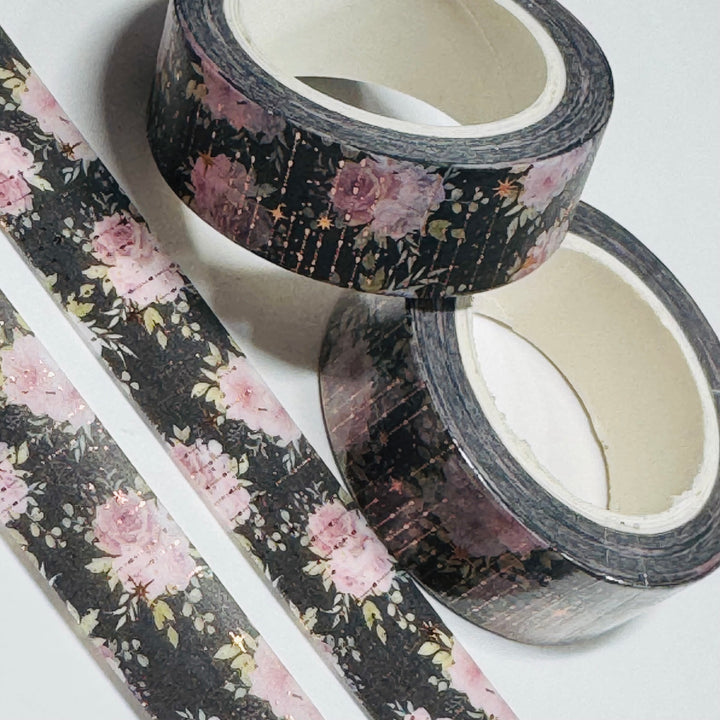 PINK ROSES SPARKLES Gold Foil Overlay Washi Tape ~ 1 Roll ~ 15mm x 10m (33 Feet)