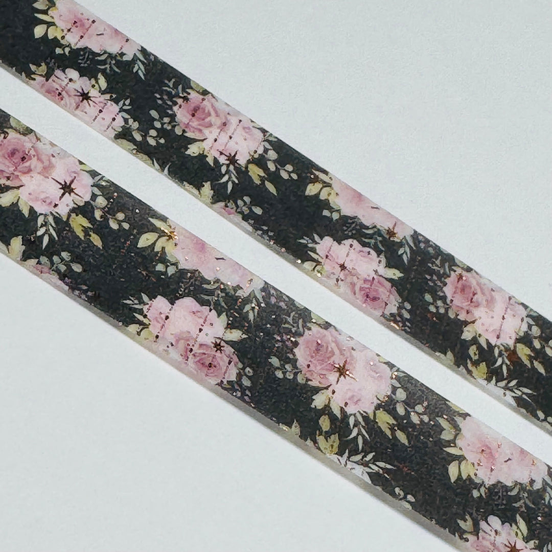 PINK ROSES SPARKLES Gold Foil Overlay Washi Tape ~ 1 Roll ~ 15mm x 10m (33 Feet)