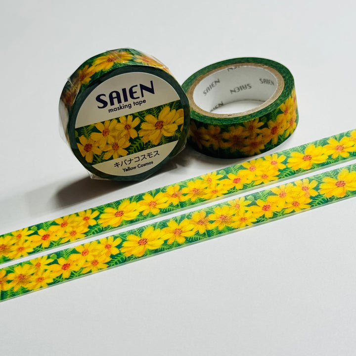 GOLDEN YELLOW COSMOS Floral Saien Masking Washi Tape ~ 1 Roll ~ 15mm x 7m (23 Feet)