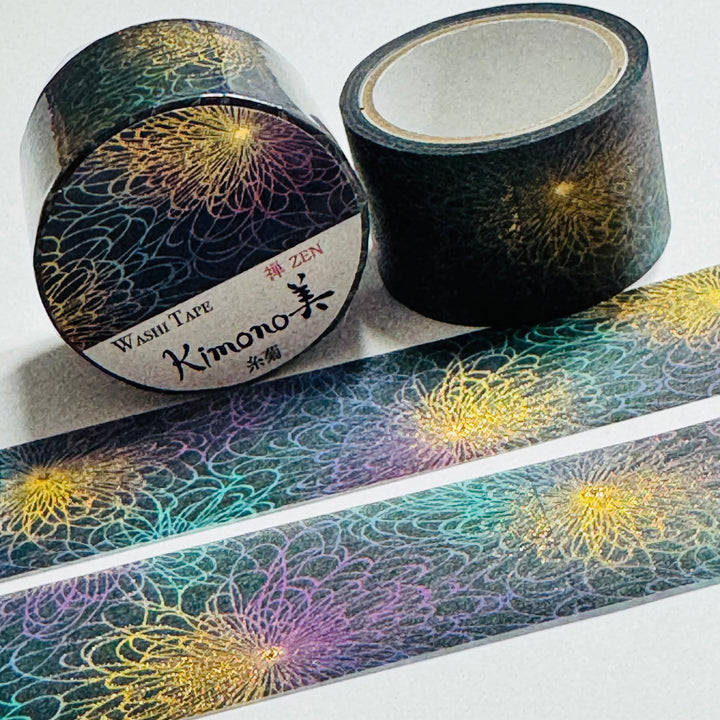 ELECTRIC SPINY CHRYSANTHEMUM Kimono Gold Foil Saien Washi Tape ~ 1 Roll ~ 25mm x 5m (16 Feet)