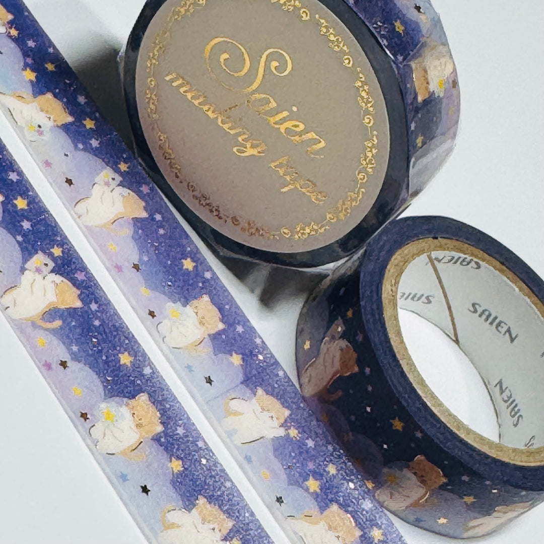 TEDDY BEARS PICKING STARS Saien Gold Foil Christmas Masking Washi Tape ~ 1 Roll ~ 15mm x 7m (23 Feet)