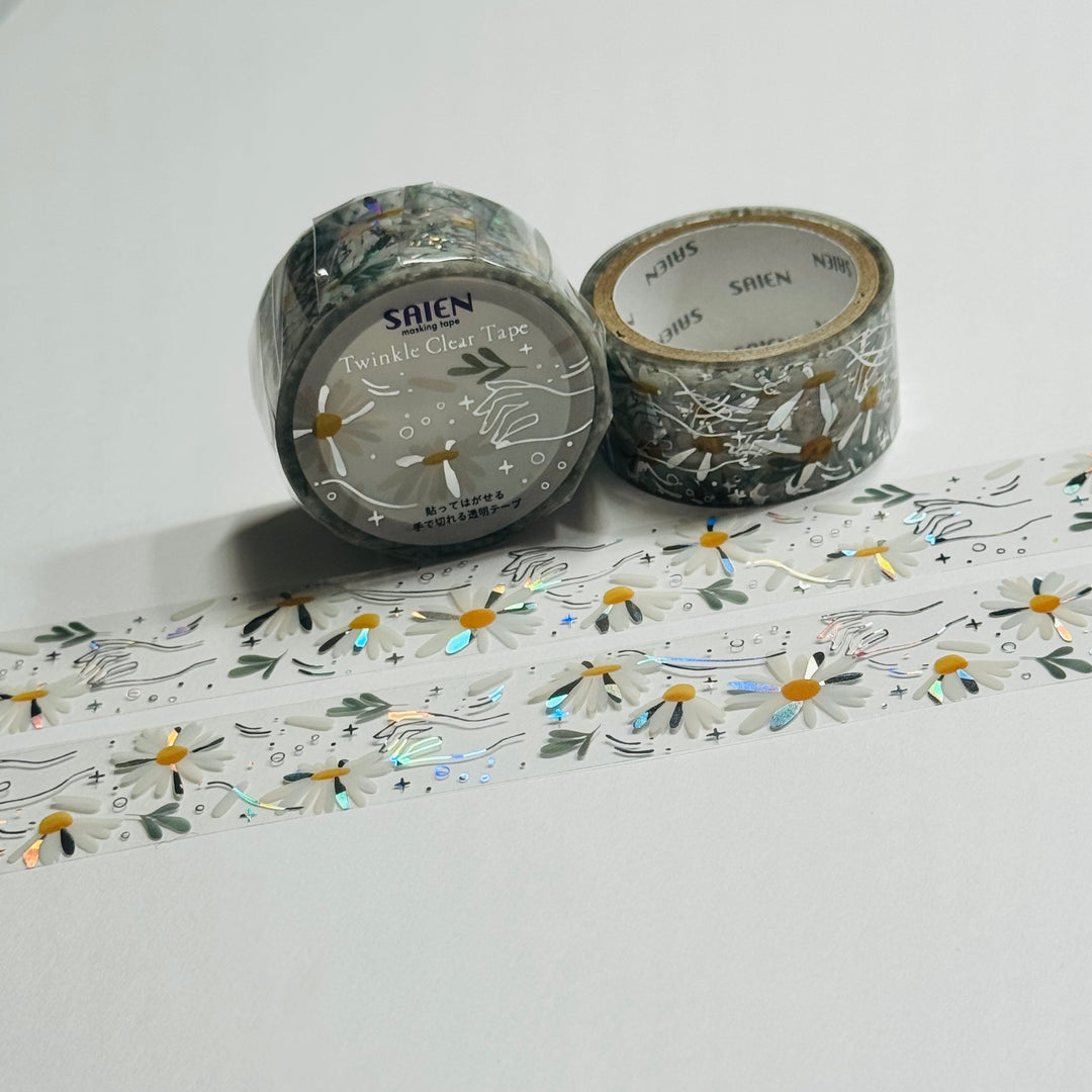 HE LOVES ME LOVES ME NOT Silver Foil Daisies Saien Masking PET Washi Tape ~ 1 Roll ~ 20mm x 3m (10 Feet)
