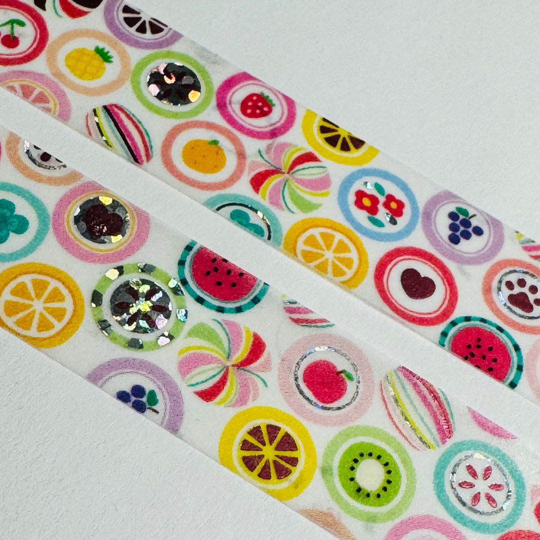 FRUIT FLAVORED CANDY Slices With Silver Foil World Craft Washi Tape ~ 1 Roll ~ 15mm x 5m (16 Feet)