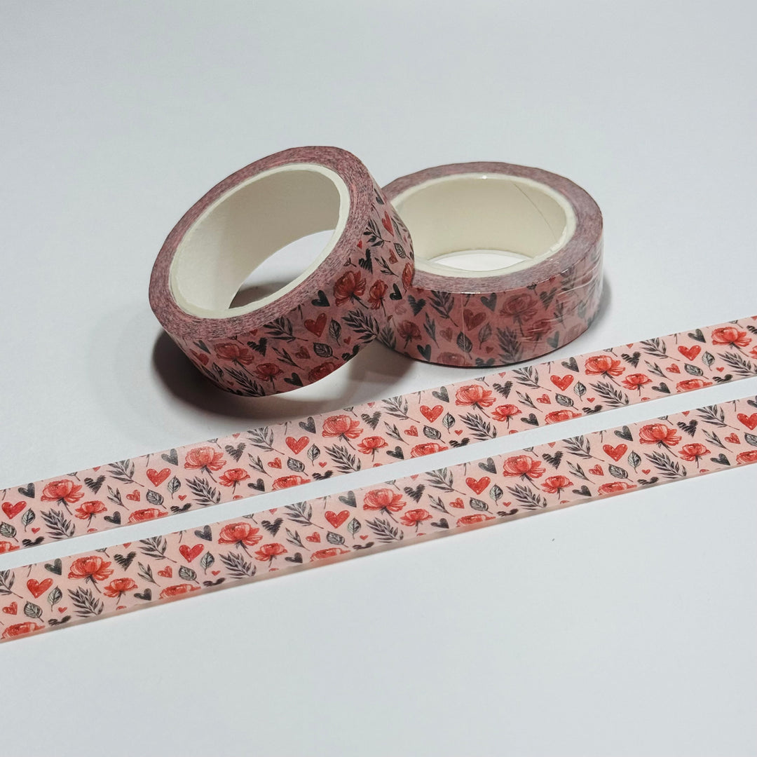 TOSSED FLOWERS HEARTS & BRANCHES Valentine Washi Tape ~ 1 Roll ~ 15mm x 10m (33 Feet)