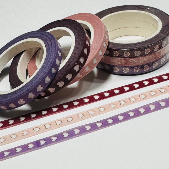 STRING OF HEARTS Pink Purple Burgundy Washi Tape ~ 3 Rolls ~ 5mm x 10m (33 Feet) Each