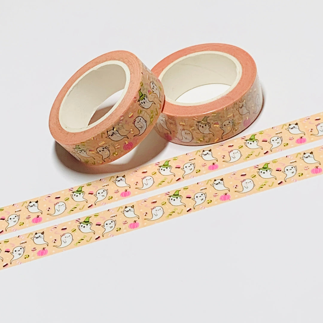 TRICK OR TREATING GHOSTS In Peach & Gold Foil Halloween Washi Tape ~ 1 Roll ~ 15mm x 10m (33 Feet)