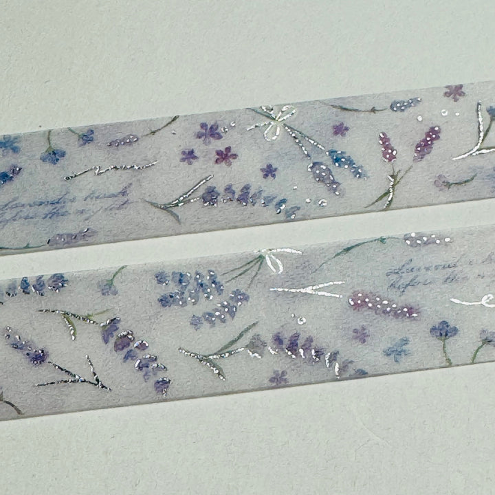 SILVER LAVENDER FLOATING FRONDS Floral Foil Saien Masking Washi Tape ~ 1 Roll ~ 15mm x 7m (23 Feet)