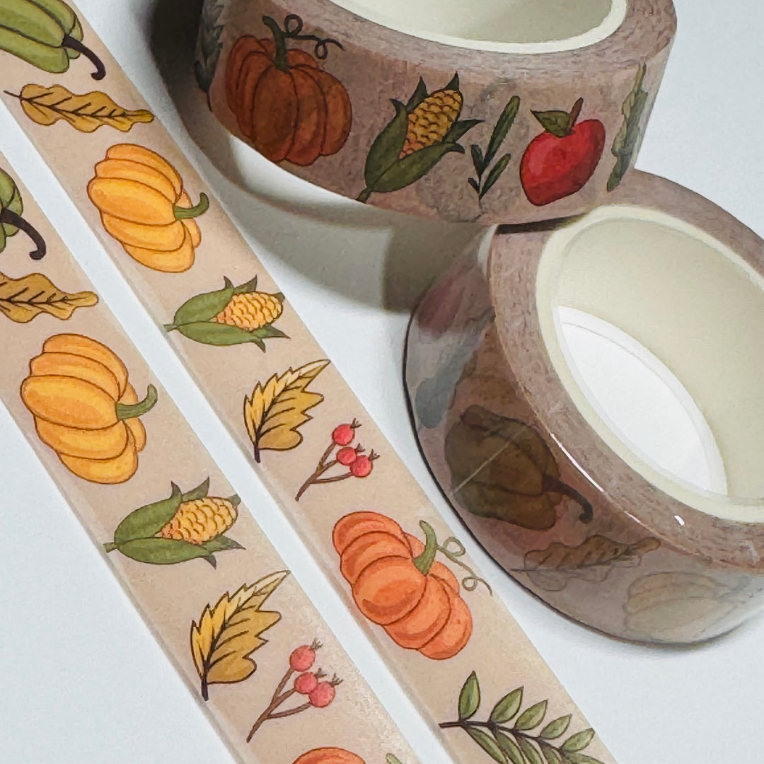 HARVEST ESSENTIALS CORN PUMPKINS & APPLES Washi Tape ~ 1 Roll ~ 15mm x 10m (33 Feet)