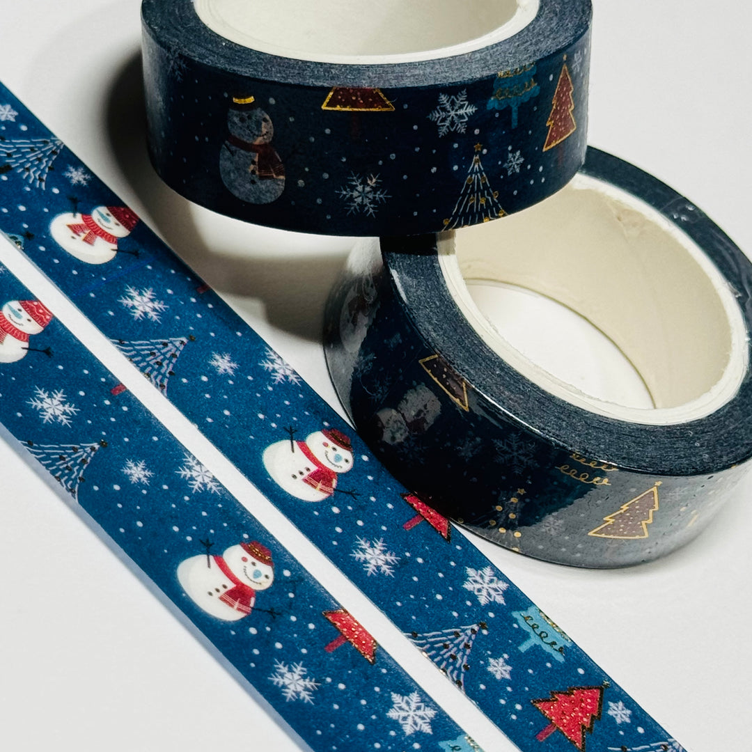 CHRISTMAS TREES & SNOWMEN NAVY Gold Foil Washi Tape ~ 1 Roll ~ 15mm x 10m (33 Feet)