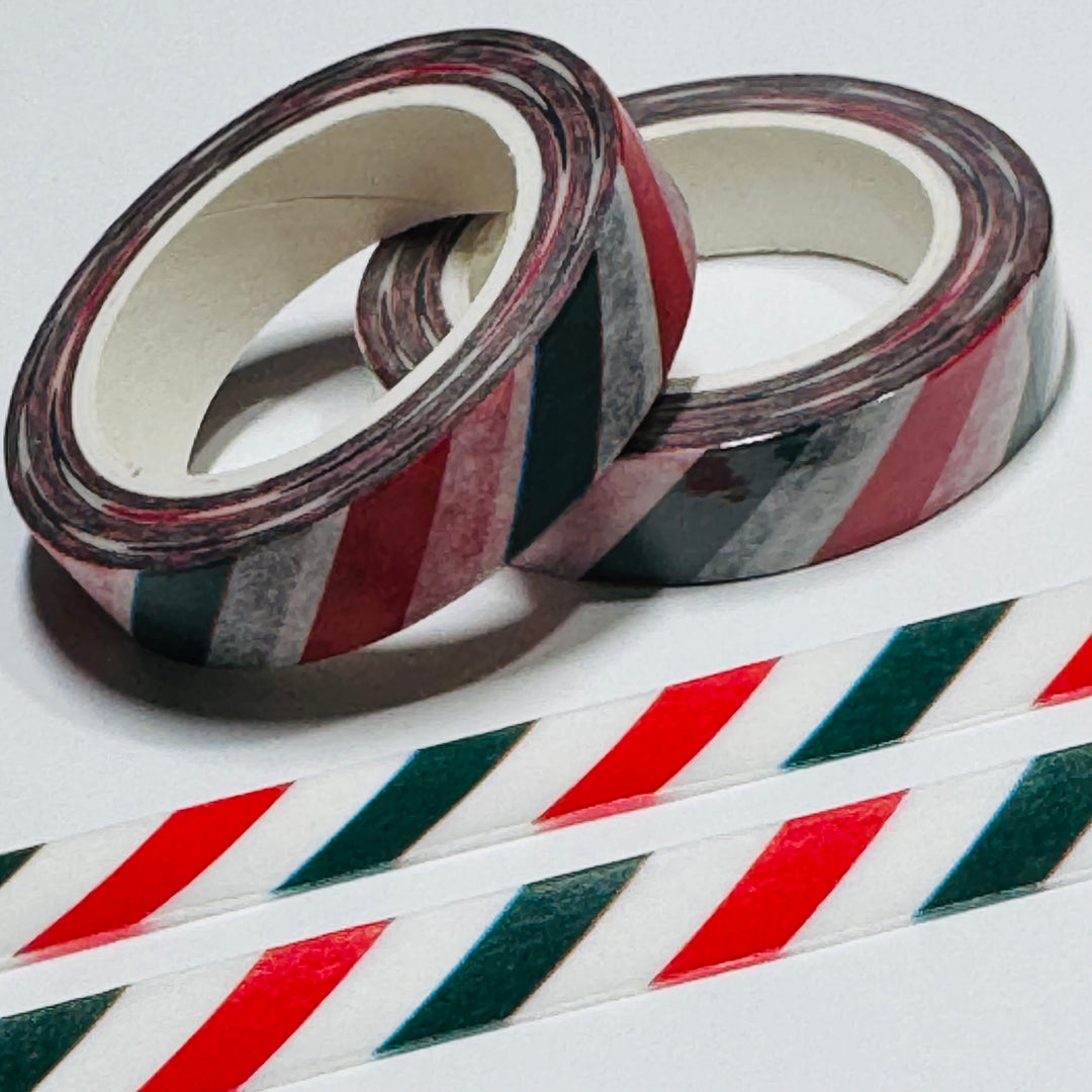 RED & GREEN DIAGONAL CHRISTMAS STRIPES Washi Tape ~ 1 Roll ~ 10mm x 10m (33 Feet)