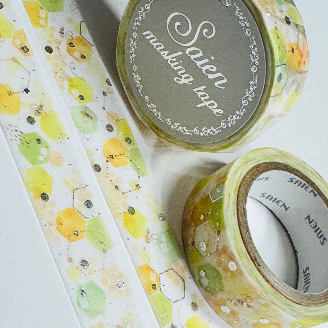 HONEYCOMB & SUN SPOTS Silver Foil Saien Masking Washi Tape ~ 1 Roll ~ 15mm x 7m (23 Feet)