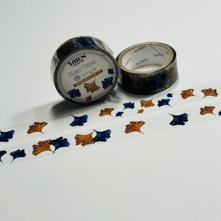 GINKGO FALL LEAVES Blue & Brown PET Saien Washi Tape ~ 1 Roll ~ 15mm x 3m (10 Feet)