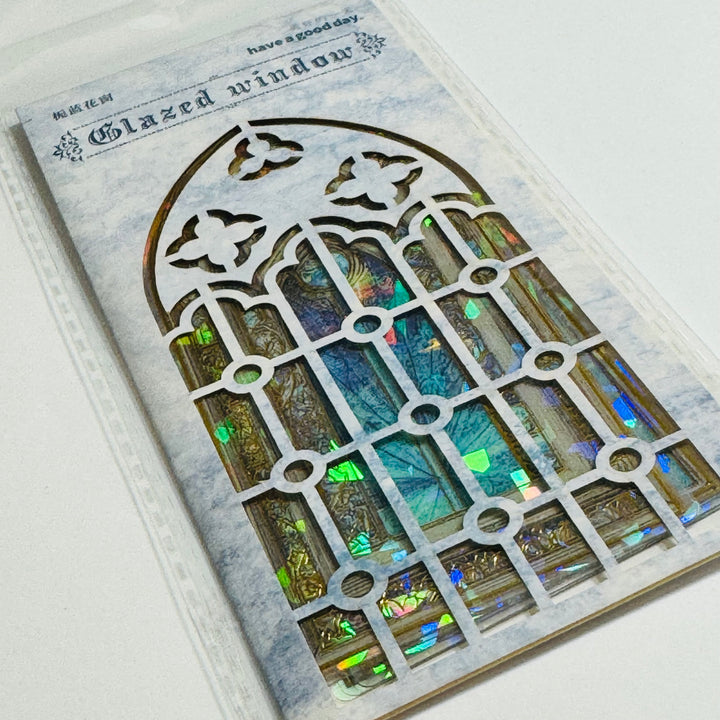 CATHEDRAL BLUE TINTED STAINED Glass Windows Gold Foil Peelable Stickers ~ 10 Large Stickers ~ 60-120mm