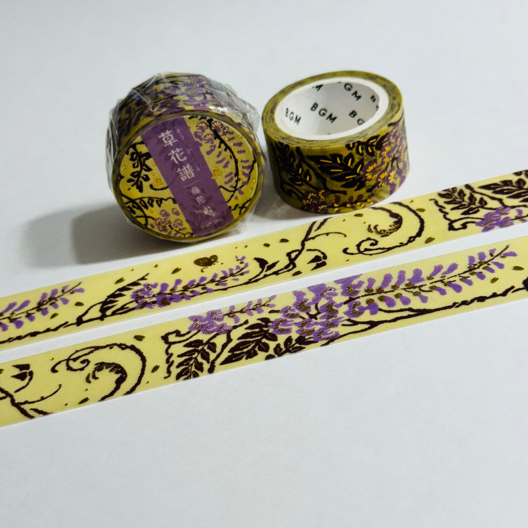 PURPLE WISTERIA Gold Foil Washi Tape Designed By BGM ~ 1 Roll ~ 20mm x 5m (16 Feet)