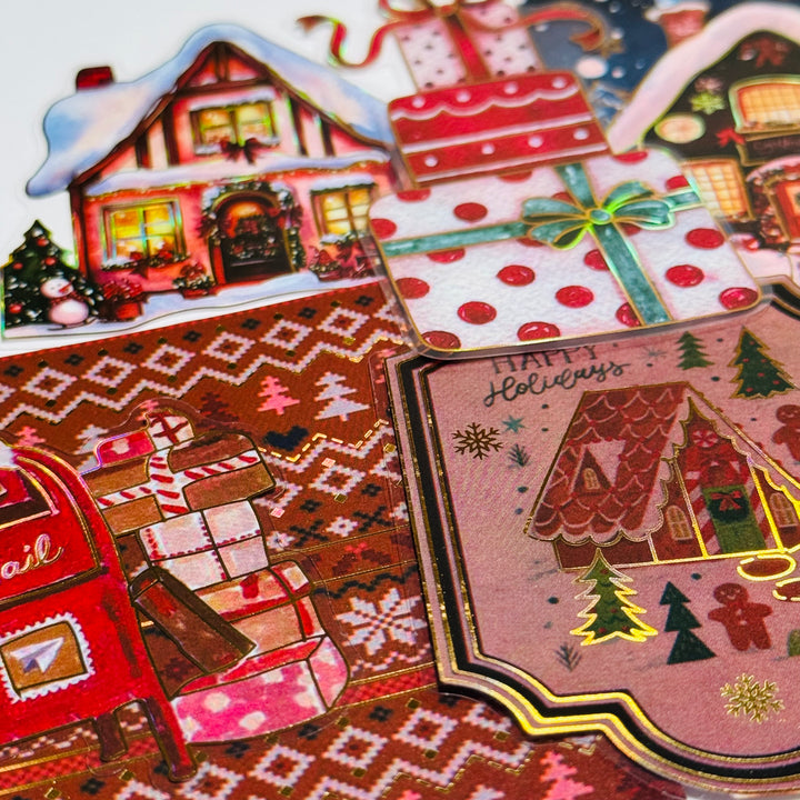 GINGERBREAD CHRISTMAS HOUSE Gold Foil Sticker Flakes Stickers ~ 15 Pieces ~ Larger Size