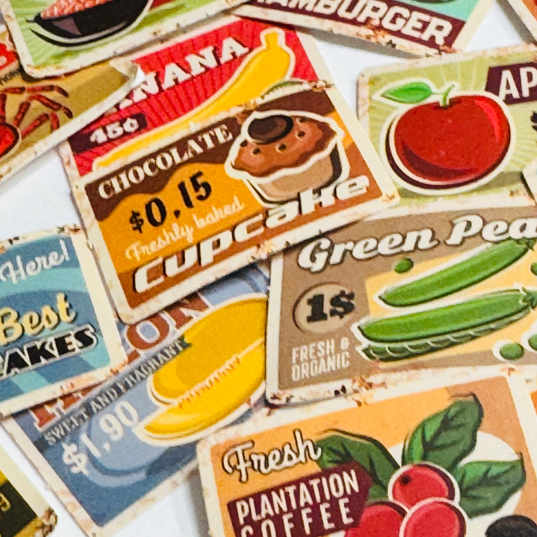 VINTAGE RETRO GROCERY FOOD Advertising Peelable Stickers  ~ 45 Pieces ~ Each Sticker is 38mm x 38mm